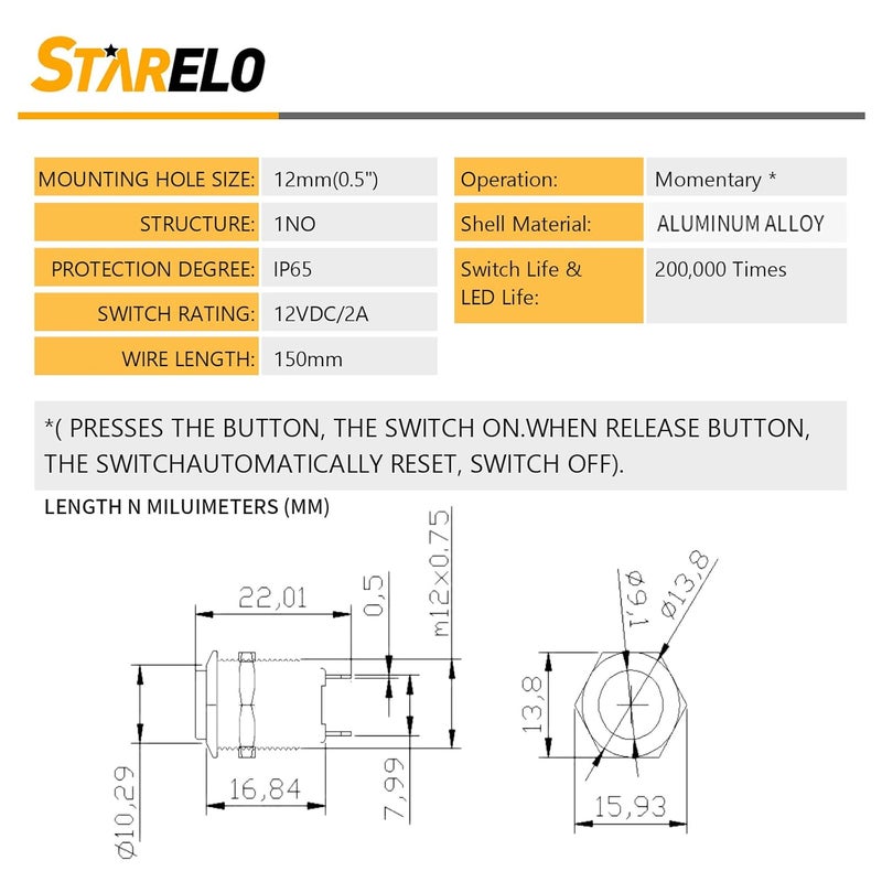 STARELO 5pcs 12mm Momentary Push Button Switch Black Shell with pre-Wiring, IP65 Waterproof Push Button Switch,Aluminum Alloy 1 Normally Open Without LED. - Image 3